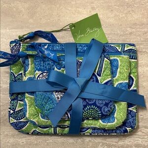 Vera Bradley Quilted Cosmetic Trio Zip Pouch Set in Blue & Green Paisley Print